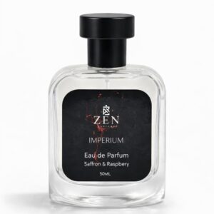 Zen Imperium Eau de Parfum 50ml bottle with a sleek clear glass design and black cap, featuring saffron and raspberry fragrance notes.
