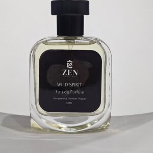 Wild Spirit Zen Parfum perfume bottle with bergamot and Sichuan pepper fragrance, 50ml eau de parfum on white background