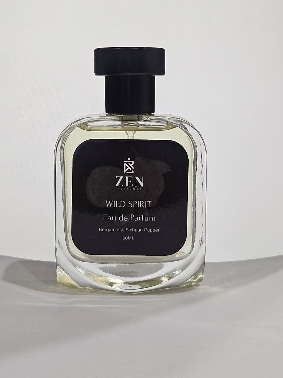 Wild Spirit Zen Parfum perfume bottle with bergamot and Sichuan pepper fragrance, 50ml eau de parfum on white background